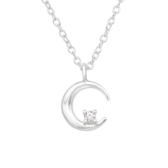 Sterling Silver CZ Crescent Moon Necklace - Picture 1 of 11